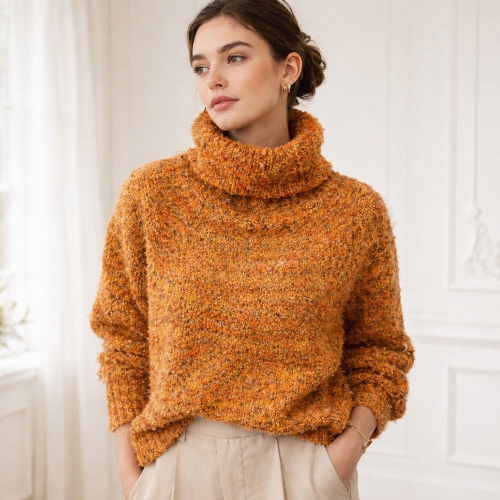 William Rast Orange Bouclé Turtleneck Sweater | Size Small